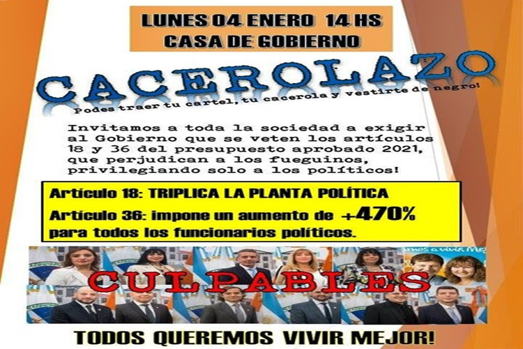 Convocan a un cacerolazo este lunes por el salariazo politico en TDF Convocan a un cacerolazo este lunes por el salariazo politico en TDF