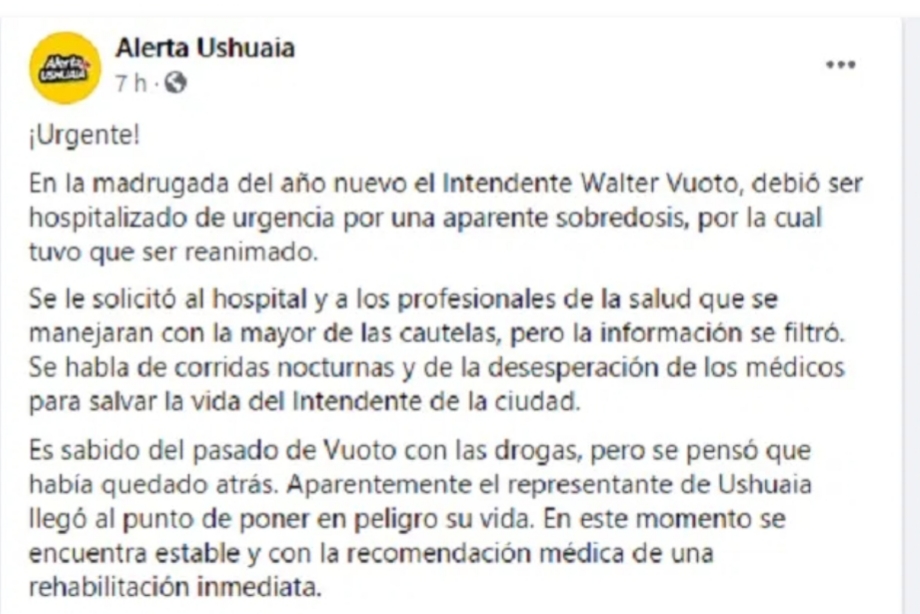 Fake News: Una página de Ushuaia inventó que Walter Vuoto fue hospitalizado Fake News: Una página de Ushuaia inventó que Walter Vuoto fue hospitalizado